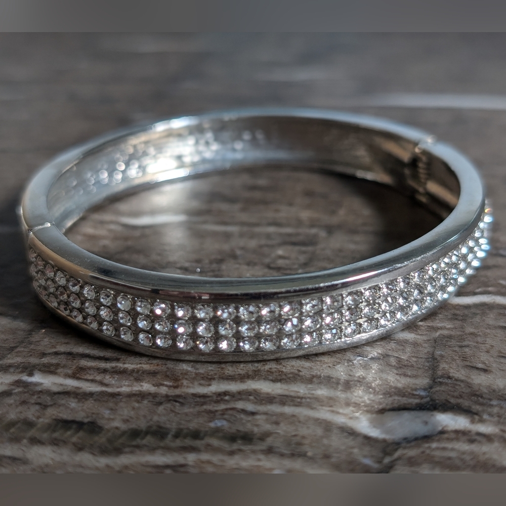 Silver Bangle Bracelet With Simulated Diamonds - image 1